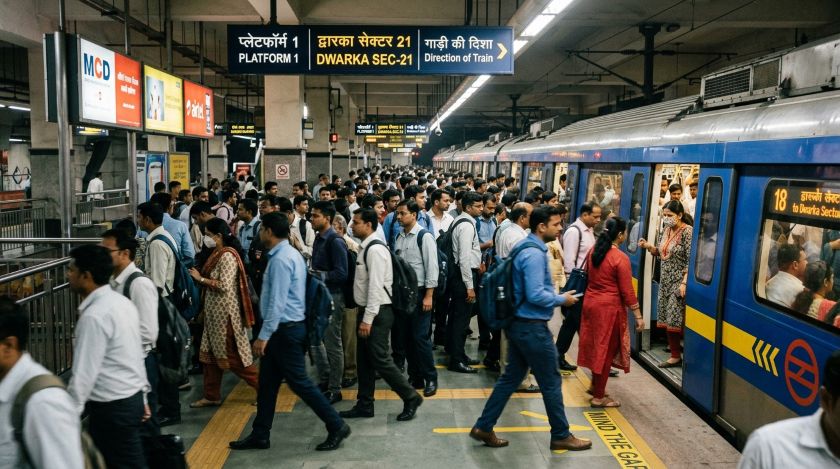 Commuters boarding a Delhi Metro train on a crowded platform during peak hours