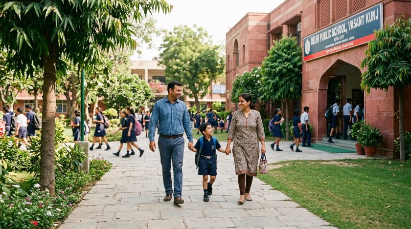 Parents and a child touring a school campus courtyard in Delhi
