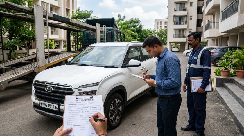 Vehicle owner writing damage remarks on a proof of delivery document beside the carrier driver at the delivery point before signing