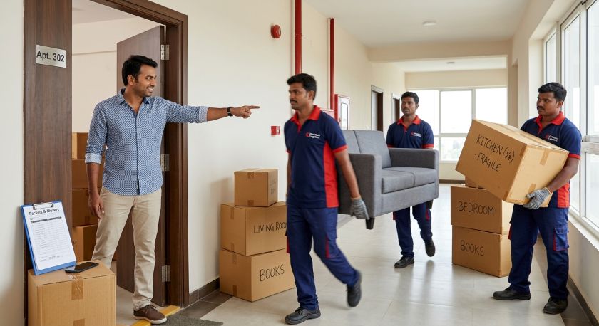 Homeowner standing at new apartment entrance directing moving crew members carrying boxes and furniture during unloading