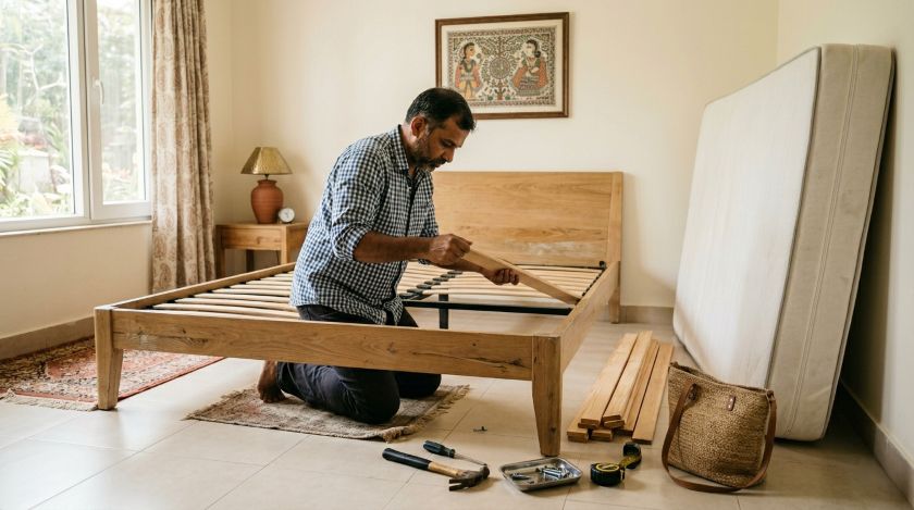 Person removing wooden bed slats one by one from a bed frame in a bedroom being packed for relocation
