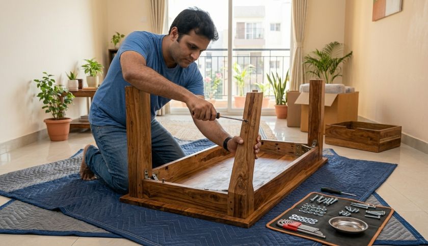 Dining table flipped upside down on moving blankets with a person unscrewing table legs before relocation
