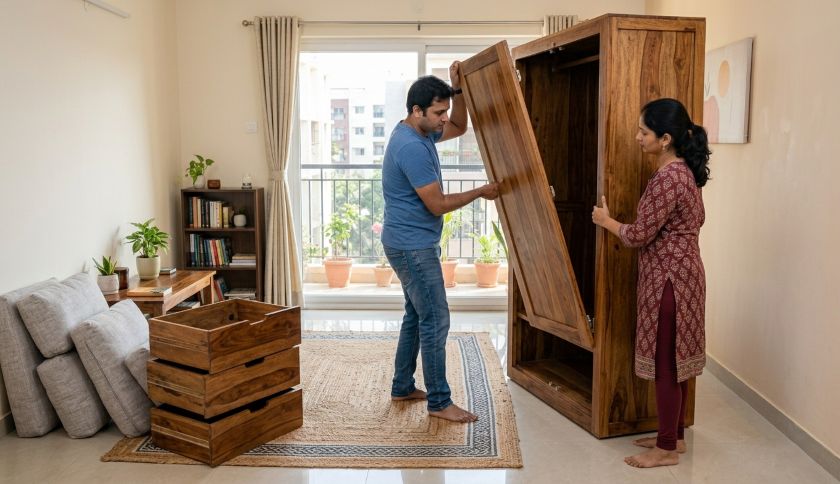 Person lifting a wardrobe door upward off its hinge pins while a second person steadies the wardrobe frame