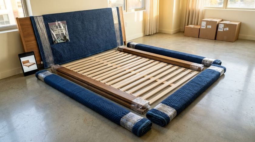 Disassembled bed frame with headboard, rails and slats laid flat on floor with labeled hardware bags taped to each piece