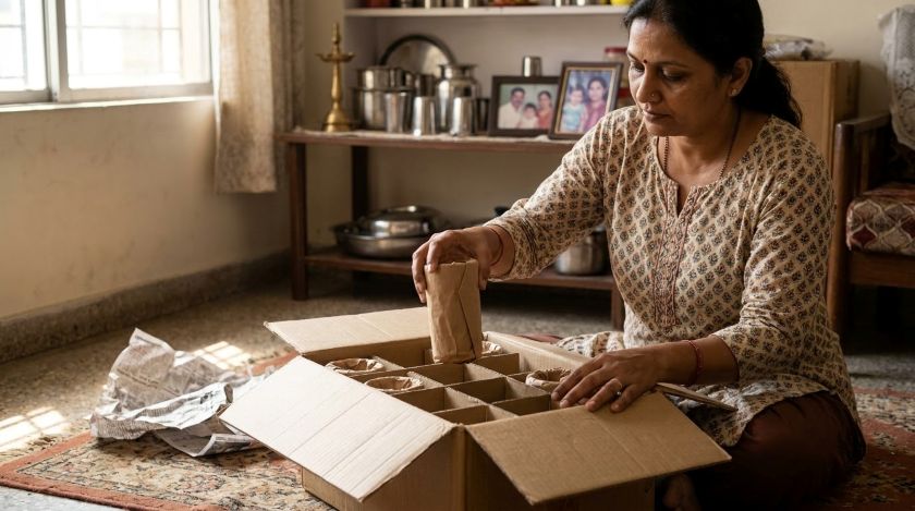 Person placing wrapped glasses into a divided dish-pack moving box