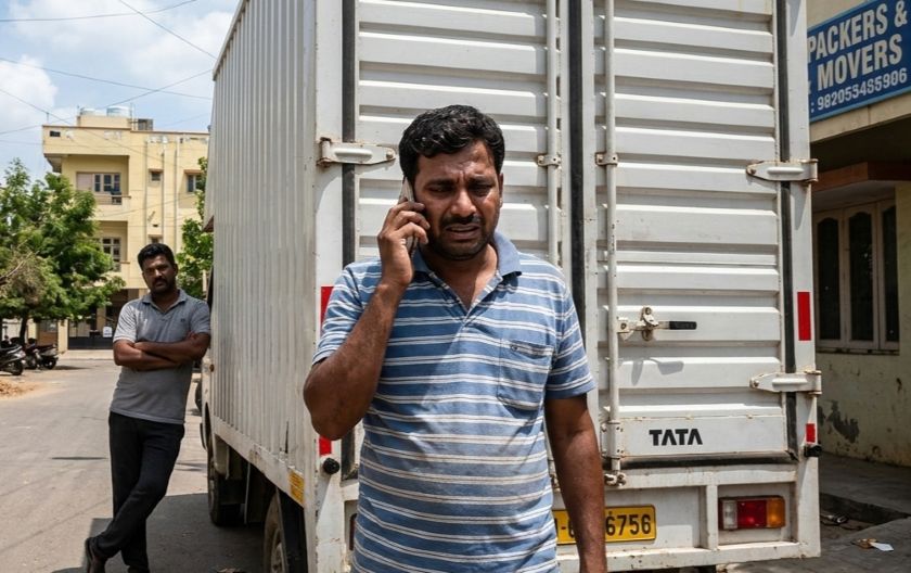 Distressed customer making an urgent phone call to police while standing outside a stopped packers and movers truck