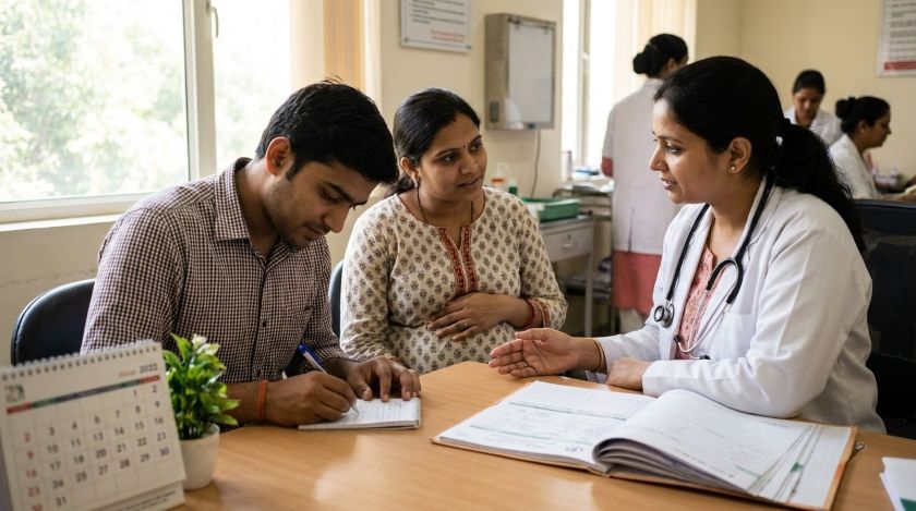 Husband and pregnant wife sitting across the desk from a gynaecologist, noting down her advice before fixing the house shifting date