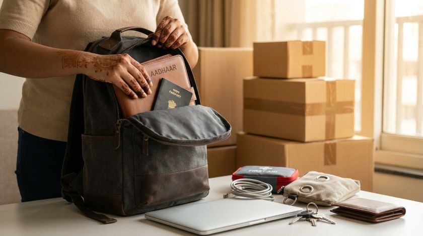 A woman packing a bag with important documents and valuables before moving day