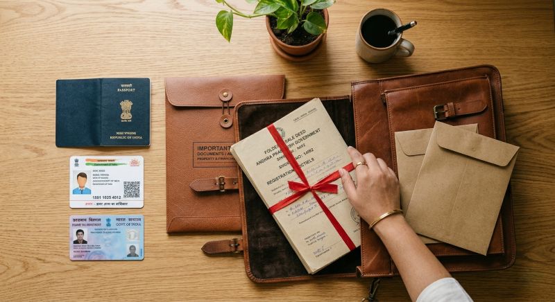 Important documents including passport, Aadhaar card and property papers kept inside a folder before a home relocation