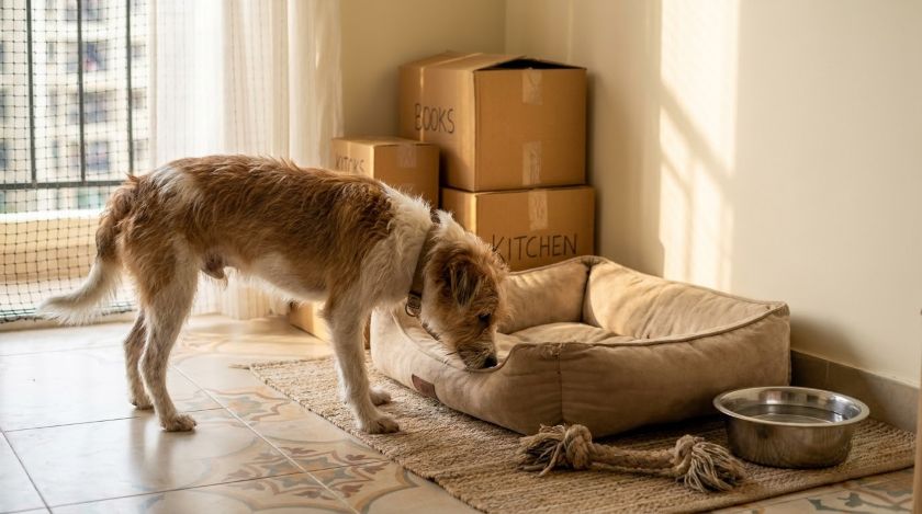 Small dog sniffing its familiar bed and water bowl set up in a quiet corner of a new living room with unpacked boxes nearby