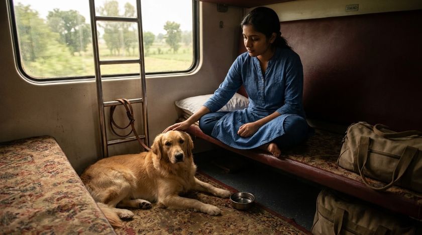 Golden retriever lying calmly on the floor of a train coupe while its owner sits on the berth with a hand on its back, a steel water bowl beside them and a leash resting on the opposite berth