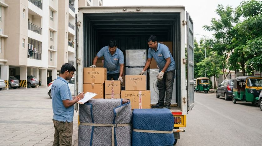 Labelled moving cartons being loaded into a long-haul truck for intercity relocation