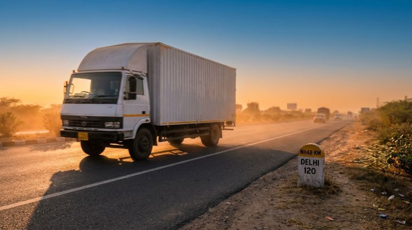 A loaded moving truck driving on a highway during an interstate household relocation in India