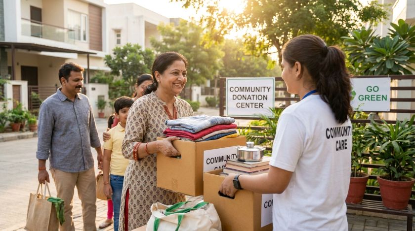 Person handing donation boxes of clothes and household items to a charity volunteer