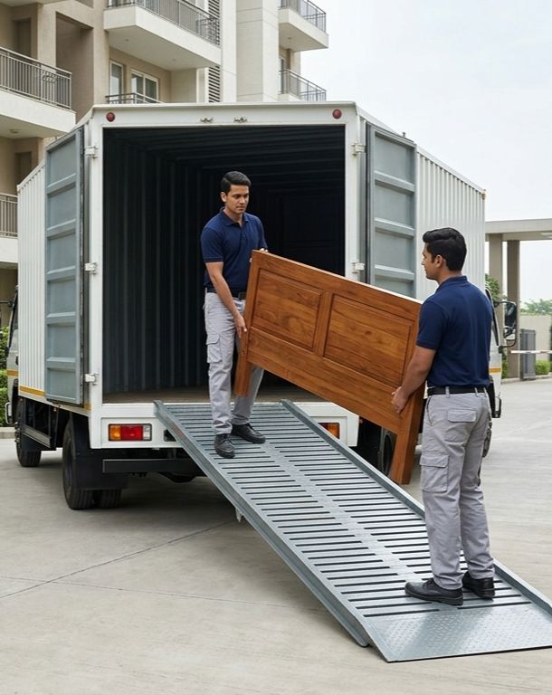 Two professional packers and movers carefully sliding a solid wooden double bed frame up the steel loading ramp of a 14-foot Eicher Canter truck parked in the driveway of a gated residential society, during a 2 BHK home shifting job