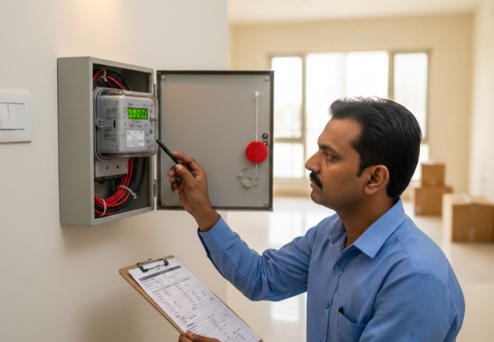 Electricity meter board on wall of an Indian residential building