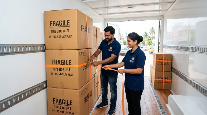Fragile-labelled electronics boxes secured with furniture straps against the side wall of a moving truck during home relocation