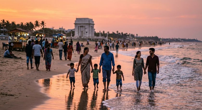 Residents walking along the shoreline at Elliot's Beach in Chennai during evening hours