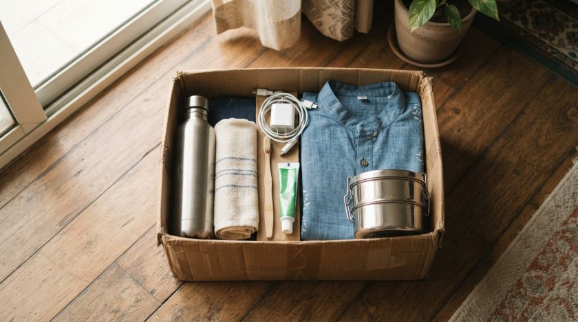 Open essentials box packed with toiletries, towels, and kitchen basics ready to carry in the car
