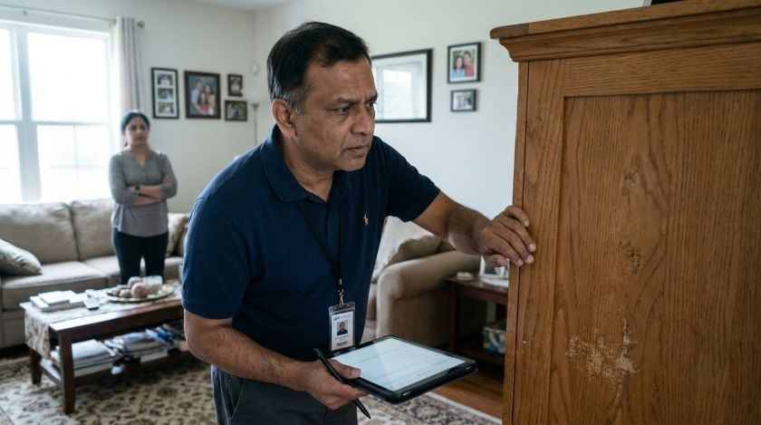 Moving company estimator walking through a living room and inspecting furniture during an in-home pre-move survey