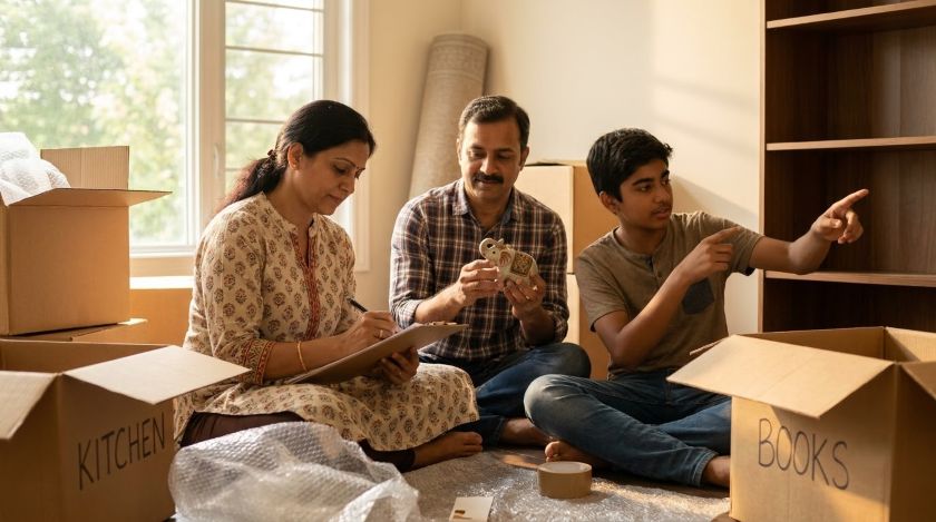 Family sitting in their living room going through belongings and writing a moving inventory list on a clipboard