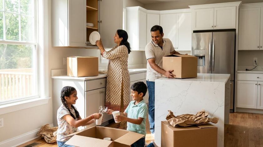 A family unpacking kitchen items from cardboard boxes and arranging them into cabinets in a new home