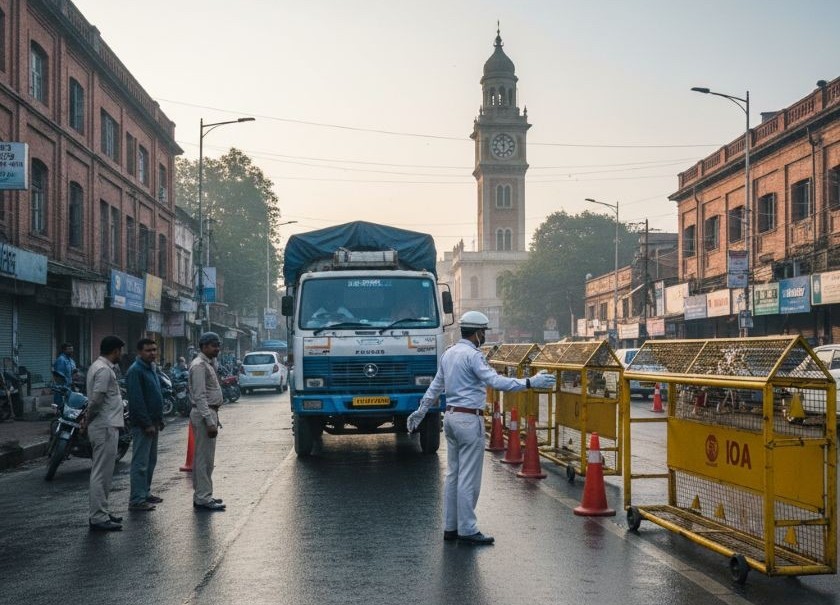 Festival traffic barricades in a metro core during evening hours