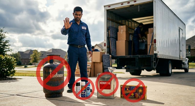 LPG gas cylinder, aerosol spray cans, kerosene can and fireworks placed on the ground beside a parked moving truck