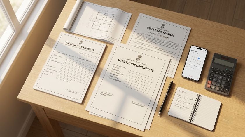 Flat ownership documents including occupancy certificate and RERA registration laid out on a desk for review