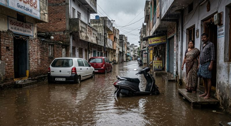 Cars submerged in floodwater on a residential street during heavy monsoon rain