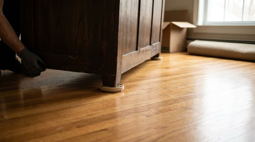 Furniture slider placed under a heavy cabinet leg being moved across a wooden floor