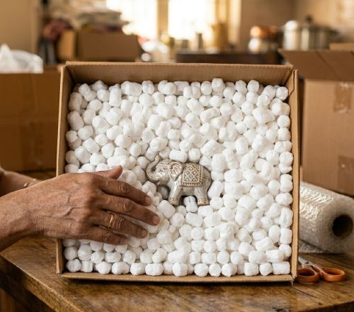 Foam peanut filling used to fill void space inside boxes during shipping