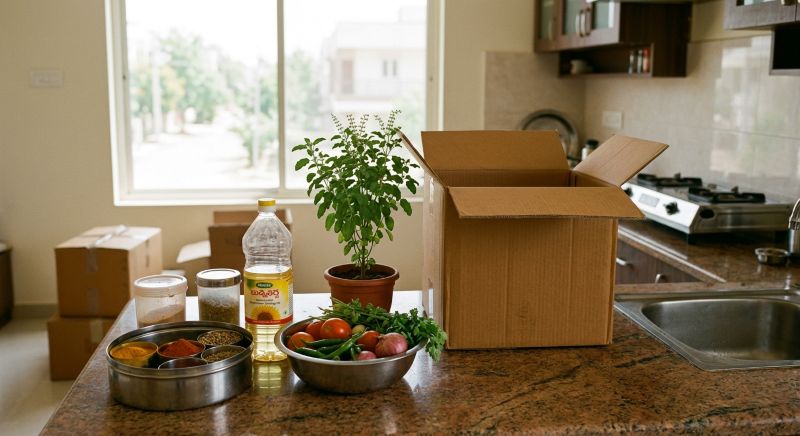 Fresh vegetables, opened spice containers and a potted tulsi plant kept outside a moving truck as refused items