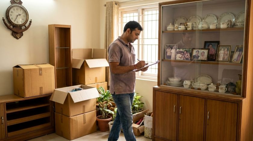Homeowner walking through a living room writing a fragile-items inventory on a clipboard
