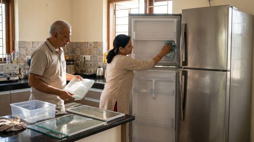 Couple cleaning the inside of an empty refrigerator with its shelves removed before a home move
