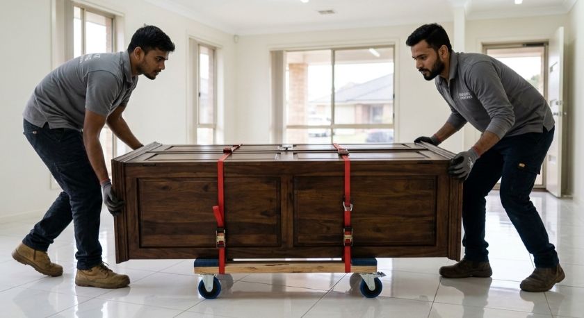 A heavy sofa placed on a flat four-wheeled furniture dolly being guided across a smooth indoor floor