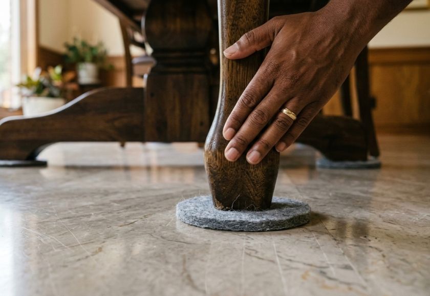Circular furniture glider pads placed under the legs of a heavy wooden wardrobe to slide it across a marble floor