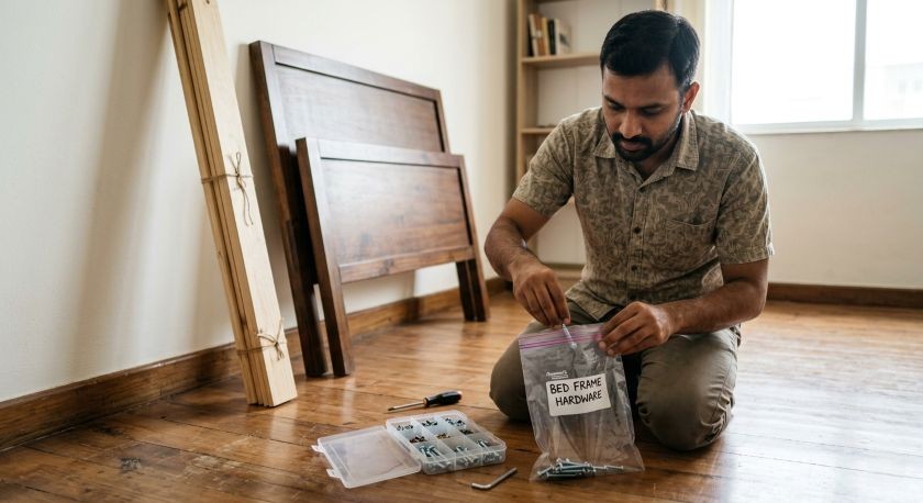 Person labelling zip-lock bags of furniture screws after disassembling a bed frame before moving