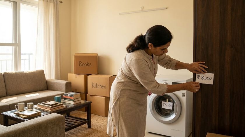 Person sticking price tags on an old wooden wardrobe and washing machine kept in a living room before a home sale