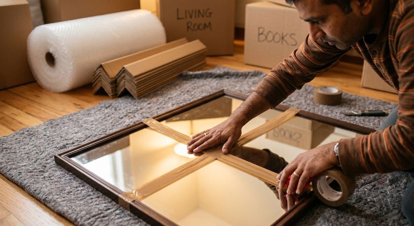 Mover applying cross-tape diagonally across a large mirror surface before wrapping it in bubble wrap