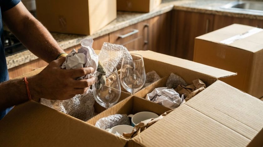 Kitchen glasses being individually wrapped in paper before being placed in a divided box