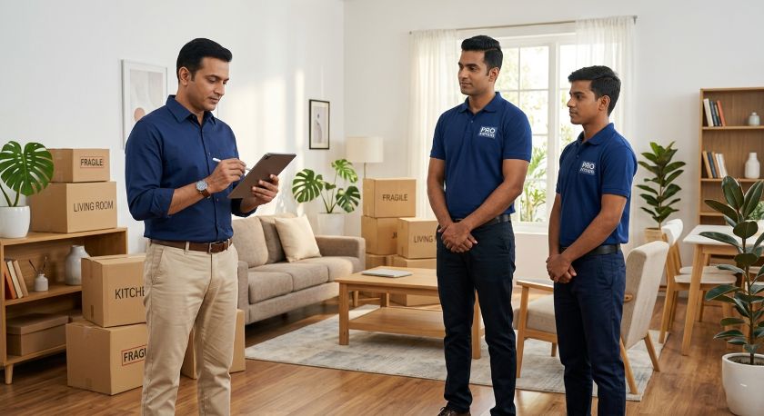A composed Indian man checking furniture and boxes in a bright modern living room while two uniformed male movers wait respectfully nearby — the professional handover moment before tipping