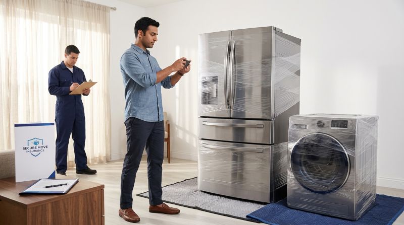 Homeowner photographing household appliances with a smartphone before movers load them into a truck for transit insurance documentation
