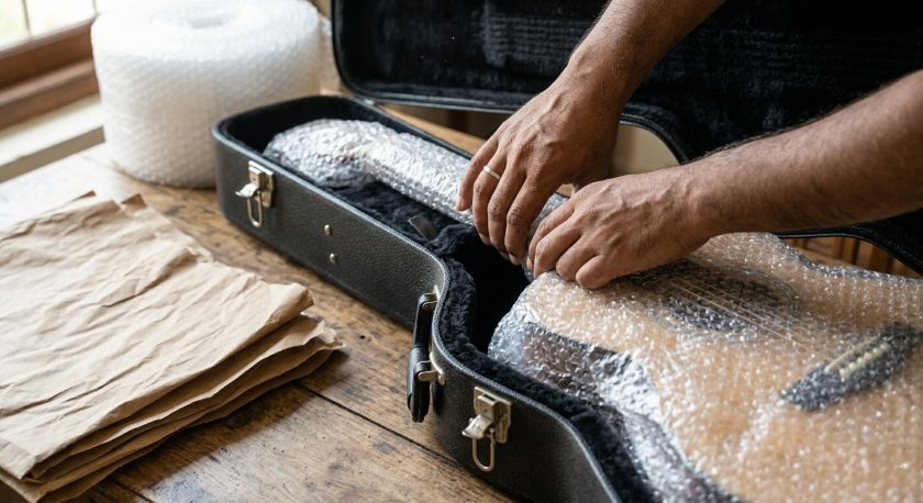 Person placing a bubble-wrapped guitar into an open hard case on a table with neck and body wrapped separately