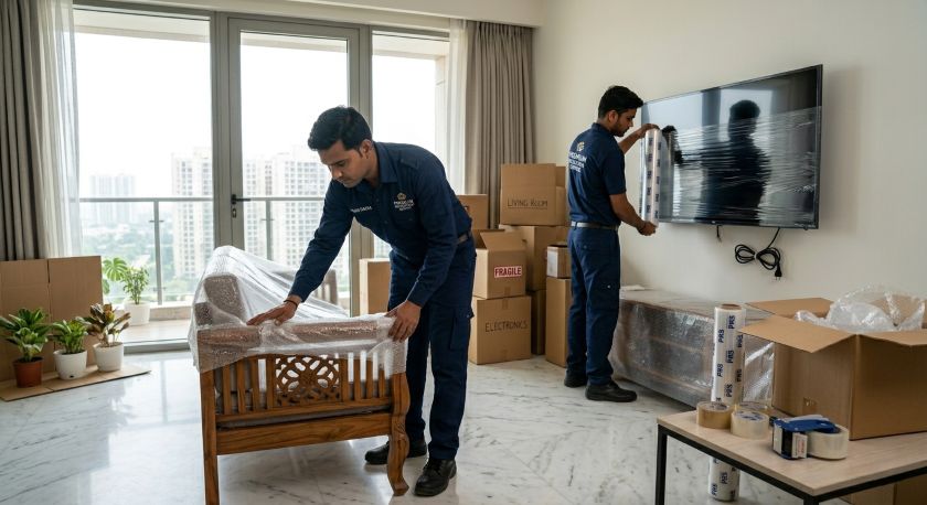 Professional packers carefully wrapping furniture in bubble wrap inside a Gurgaon apartment during a house shift