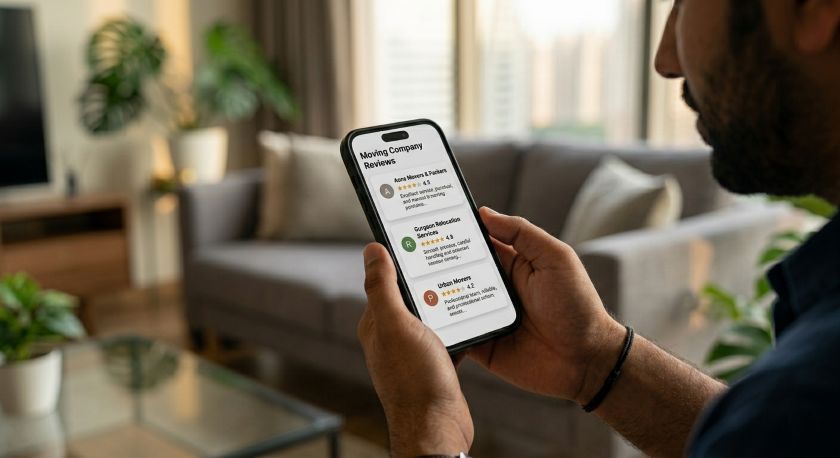 Person comparing star ratings of Gurgaon packers and movers on a smartphone while sitting in a modern apartment