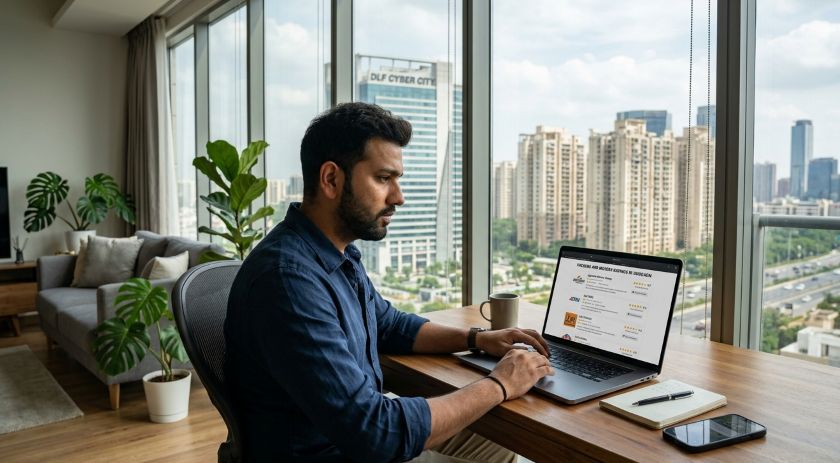A person sitting at a modern Gurgaon apartment desk reviewing packers and movers ratings on a laptop, high-rise buildings visible through the window in the background