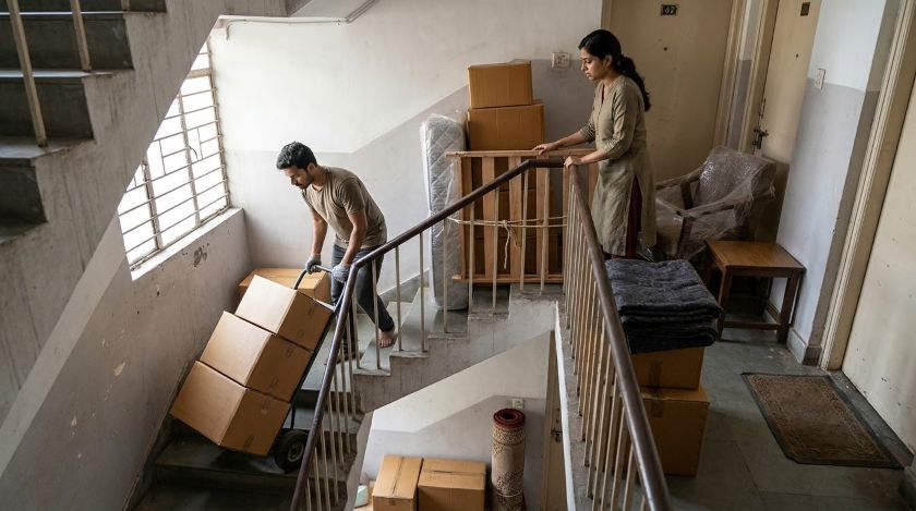 Hand truck loaded with moving boxes at the bottom of an apartment stairwell