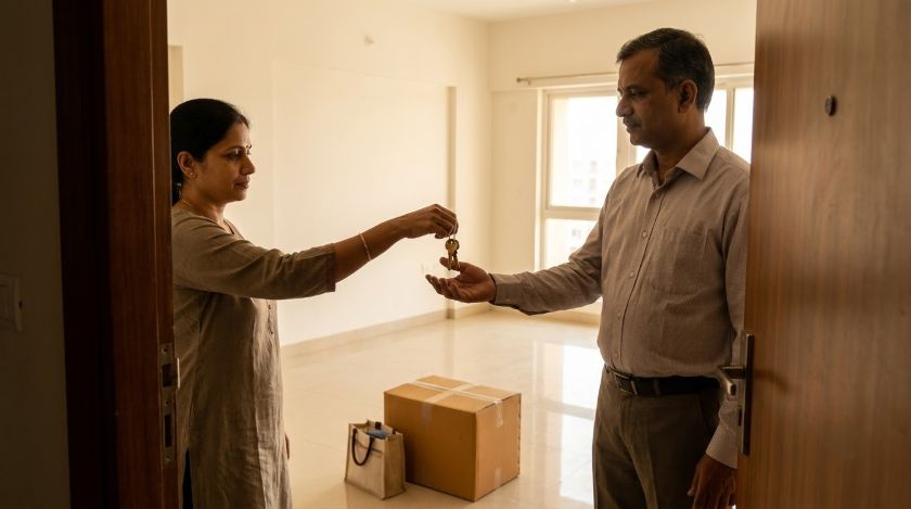 Homeowner handing over house keys to a landlord at the front door of an empty home