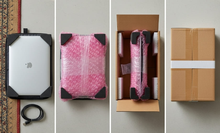 Packing a laptop in anti‑static sleeve with bubble wrap and foam corners